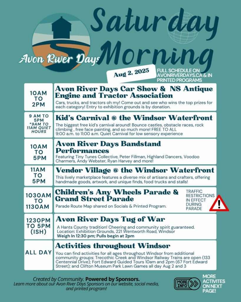 Avon River Days, West Hants, Annapolis Valley, Nova Scotia, Windsor, festival, fireworks, parade, volunteering, sponsor, concert, live music, food trucks, celebration, Canada festival, Nova Scotia festival, Windsor NS, Windsor Nova Scotia